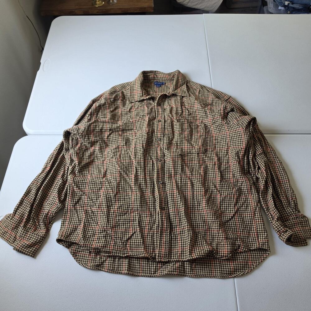 Vintage J Crew Shirt Mens 2XL Brown Houndstooth Plaid Cotton Button Front Casual